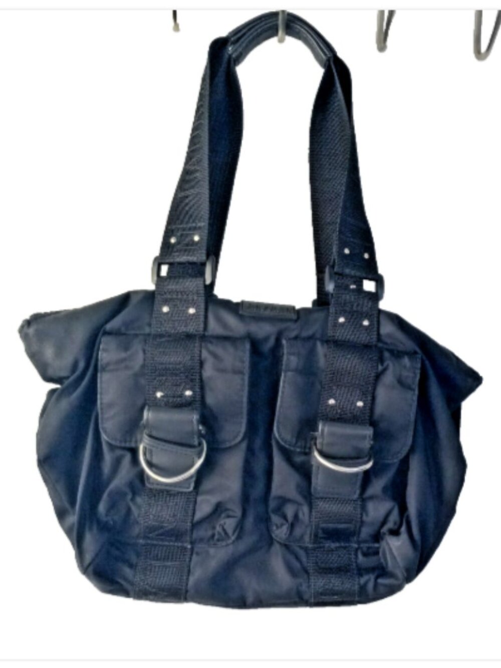 Lauren Ralph Lauren Black Nylon Utility Satchel Bag Silver D Ring Pockets